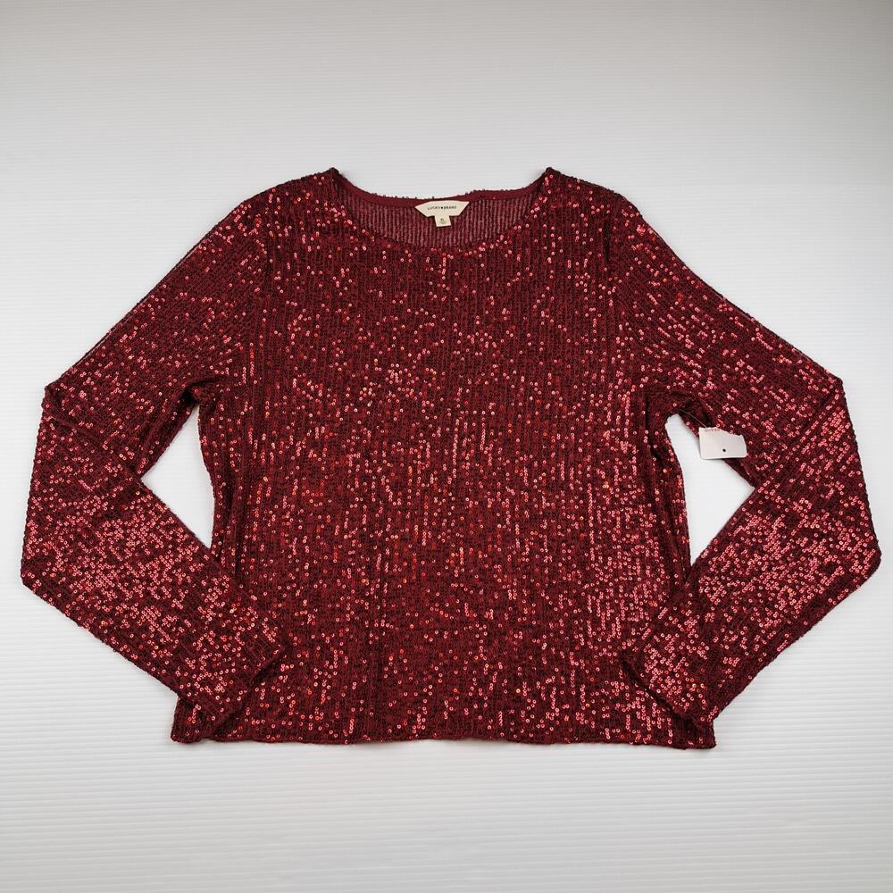 Lucky Brand Sweater Womens XL Red Sequin Pullover Knit Long Sleeve Holiday Party